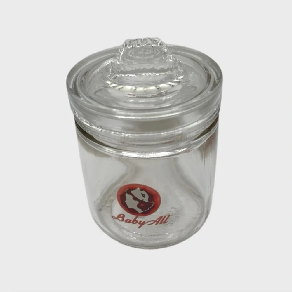 Vintage Clear Glass Baby Oil Jar with Kitty Design